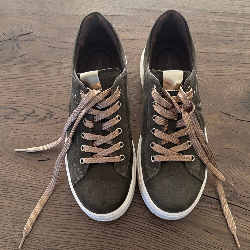 Nero Giardini Olive Suede Sneakers with Beige Laces